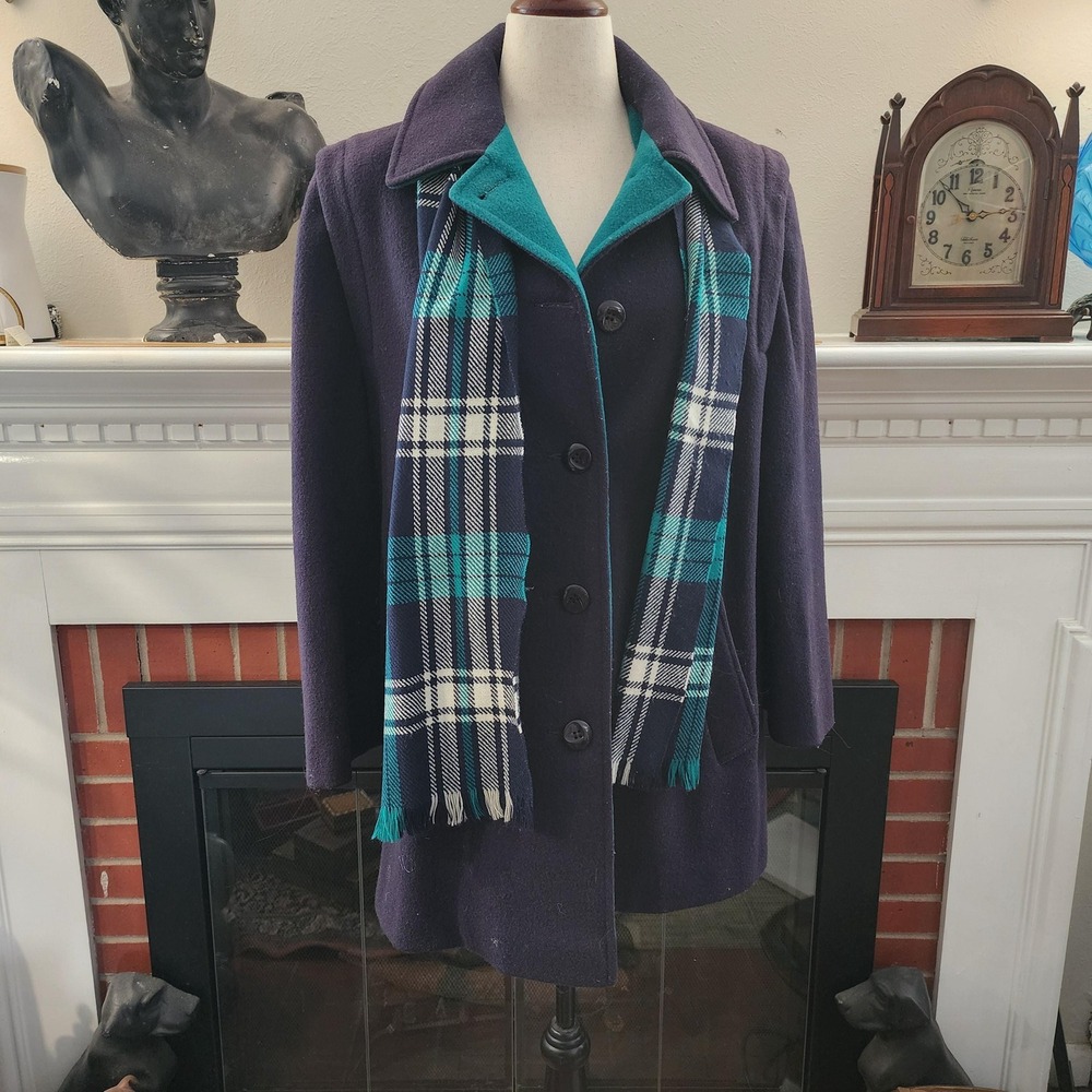 XL Vintage Navy Peacoat with Turquoise Accents and Scarf